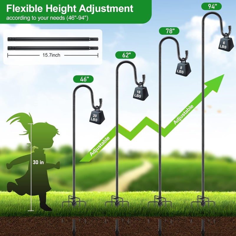 LAKEROD 92" Tall Bird Feeder Pole with Shepherds Hook - Heavy Duty Rustproof Stand for Hummingbird Feeders,Wind Chimes,String Lights - Outdoor Garden Decor Hanger, Black - Image 5